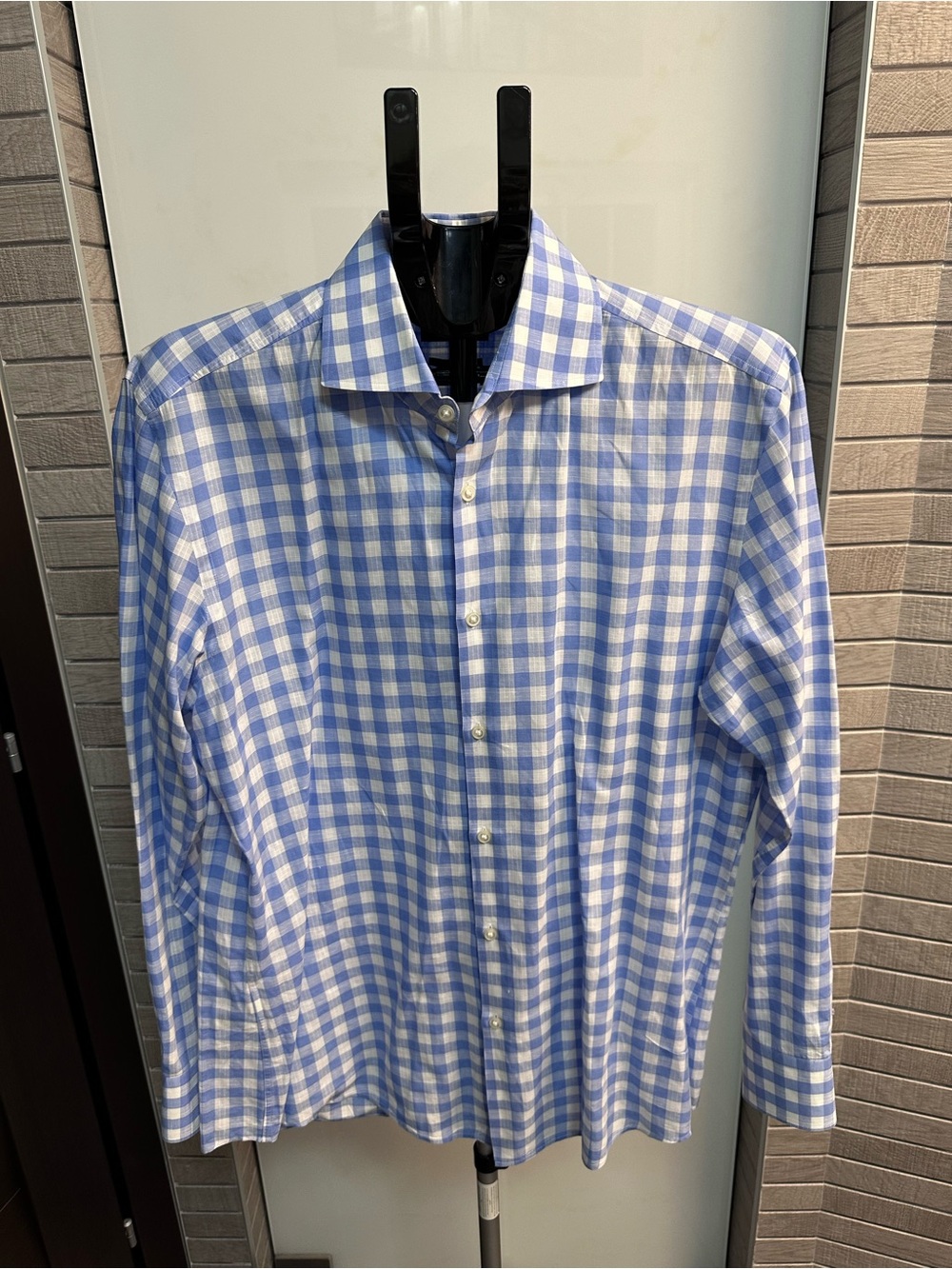 Hugo Boss Mens “Jaron” Cotton- Linen Blue White Gingham Slim Fit Shirt 16 32/33